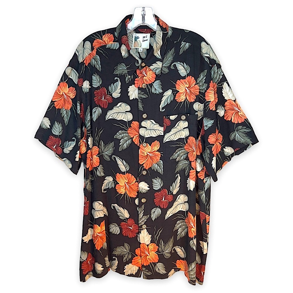 M.E. Sport Vintage Hawaiian Aloha Shirt XL Floral Black Orange Hibiscus 90s